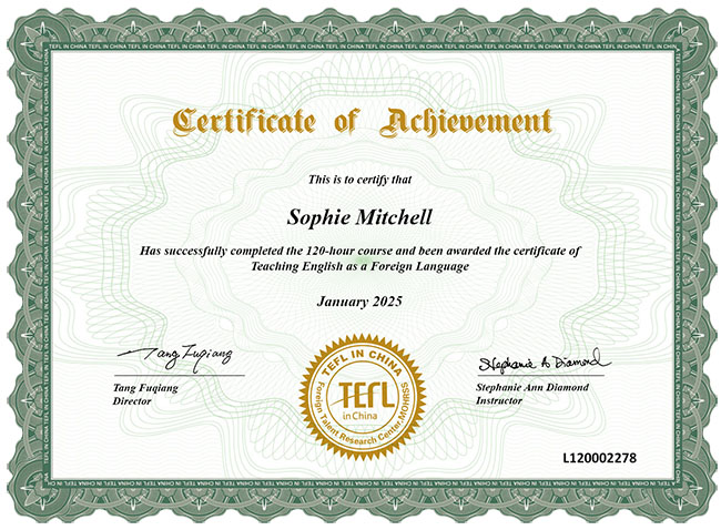 TEFL-in-China Certificate Sample